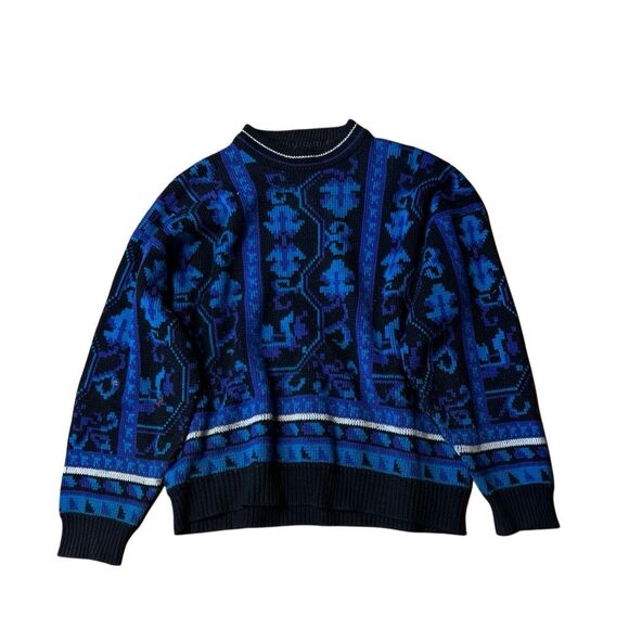 American Vintage 80s 90s Blue Geometric Pattern Oversized Sweater Large - Picture 2 of 3